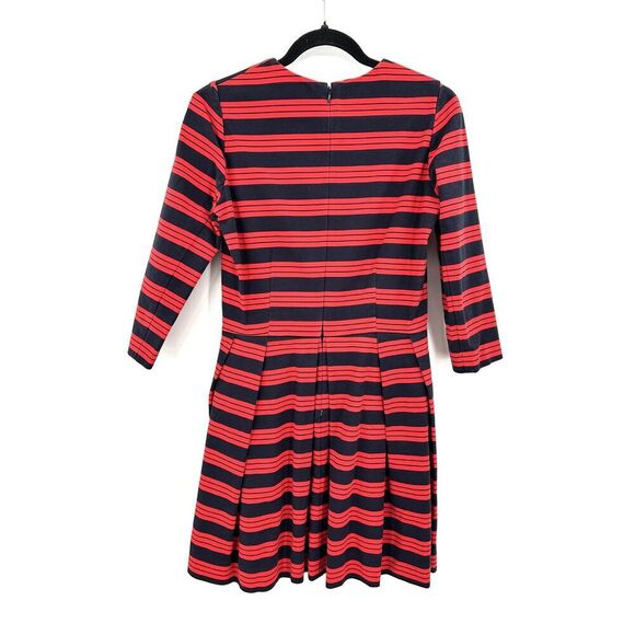 GAP Navy Blue Red Stripe 3/4 Sleeve Pleated Fit & Flare Office Mini Dress Size 4 - Picture 2 of 8
